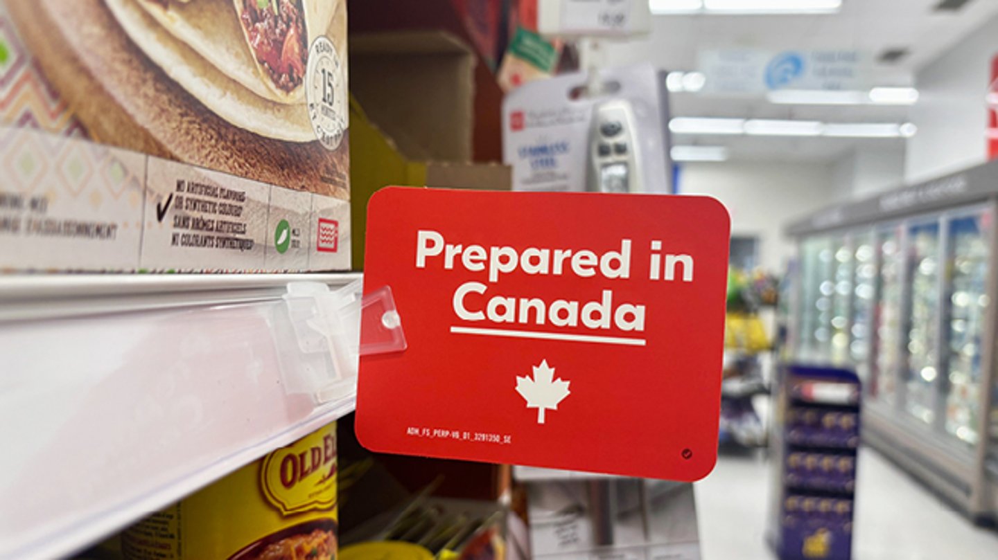 A "Prepared in Canada" shelf sign