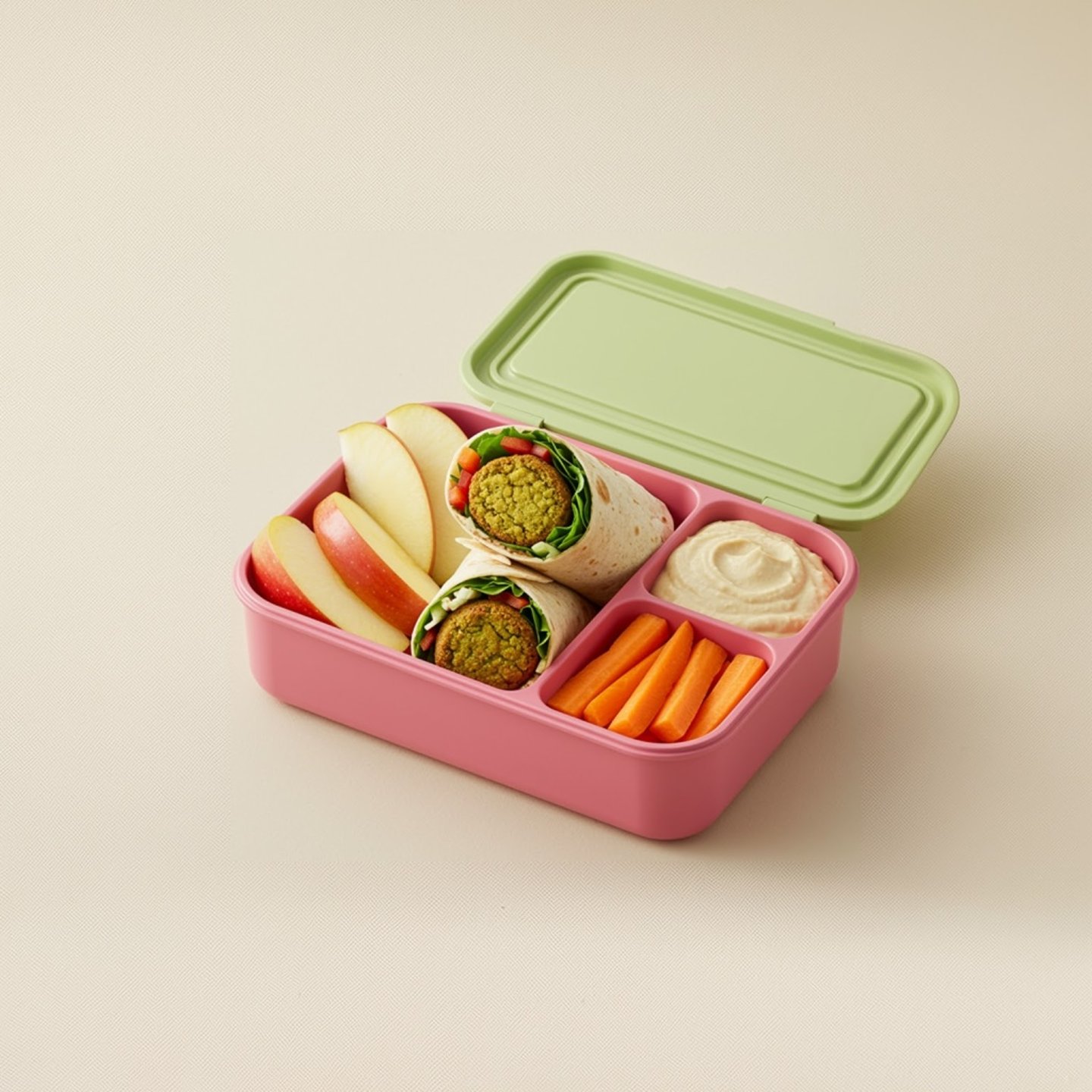 A lunch bento box with a crap, hummus, apples and carrots
