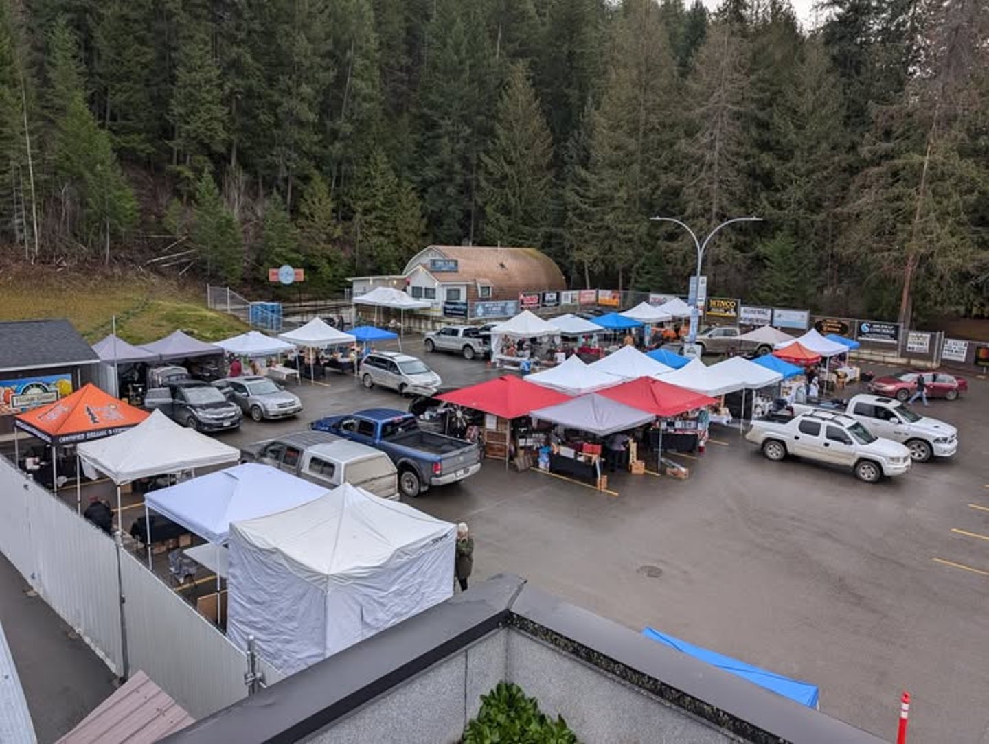 Tents and stalls in a parking lot