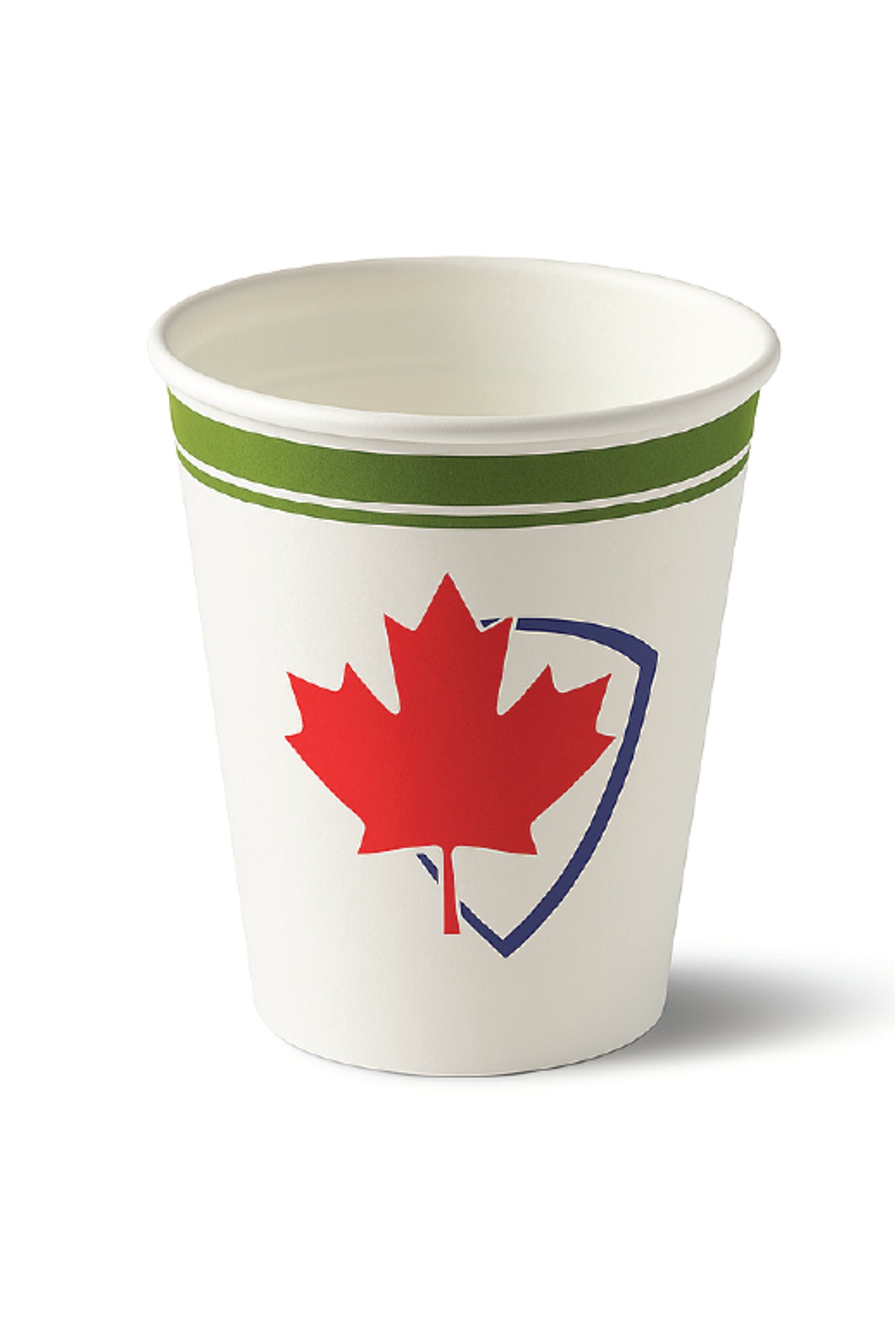 Coffee cup with a red maple leaf on the front and green trim around the bottom of the lip