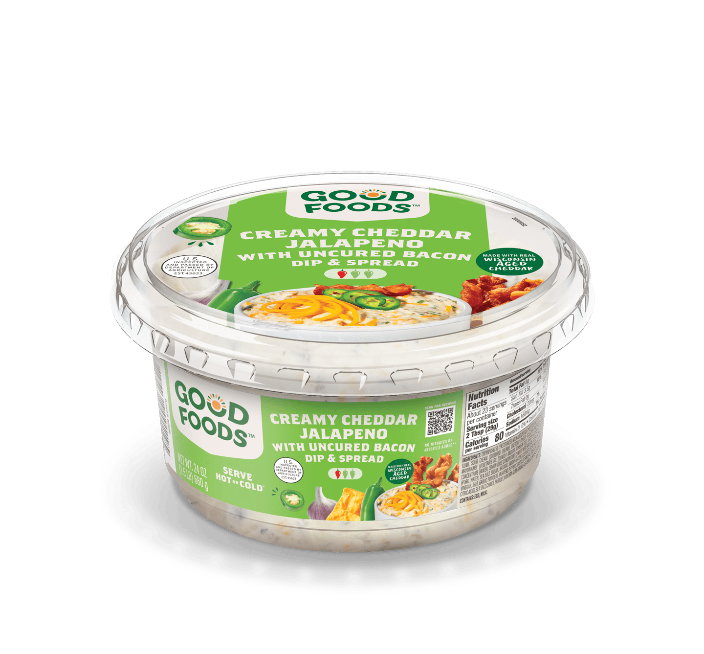 A container of The new Good Foods Cheddar Jalapeño Bacon Dip
