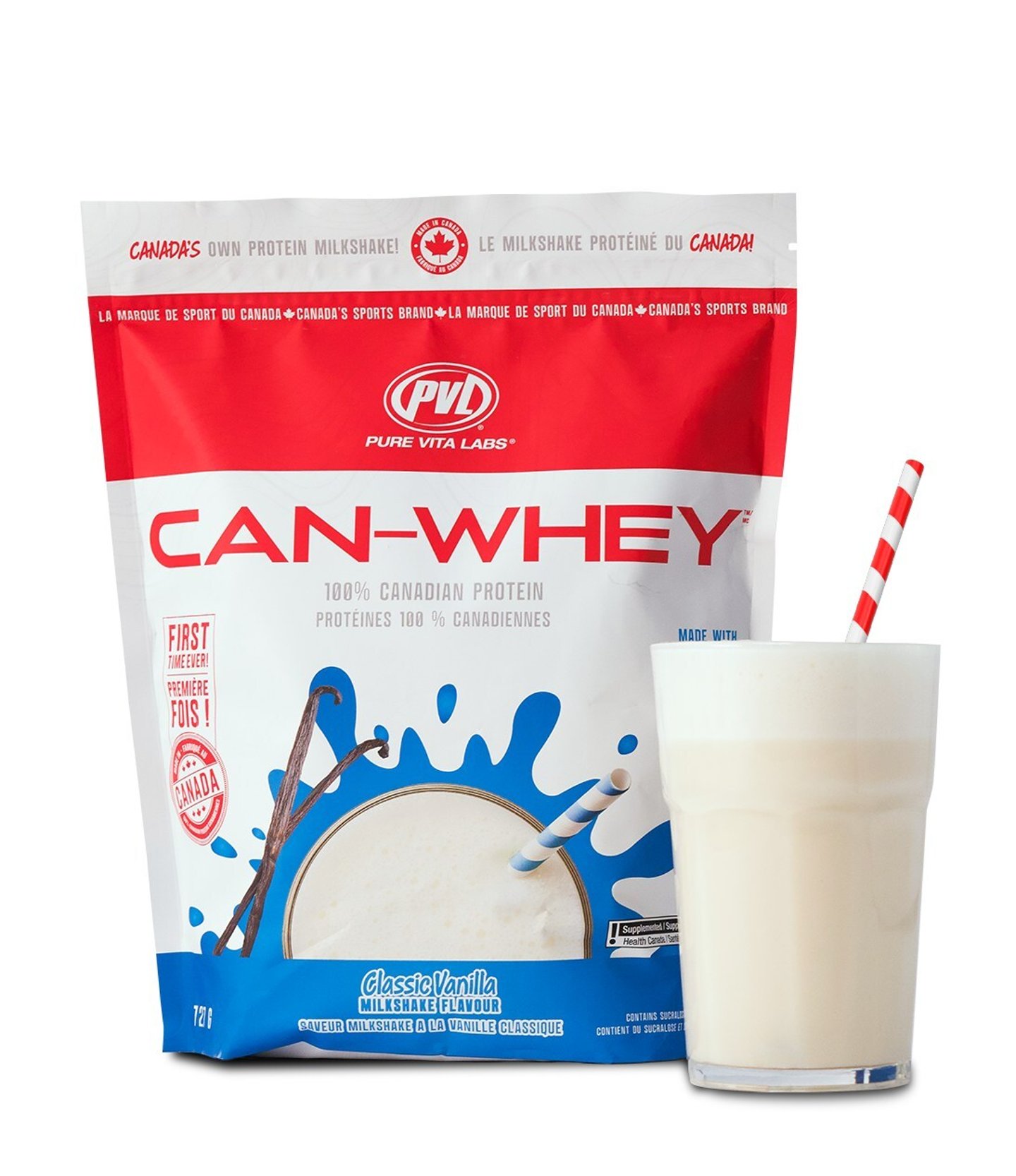 A bag of Can-Whey next to a glass of vanilla milkshake