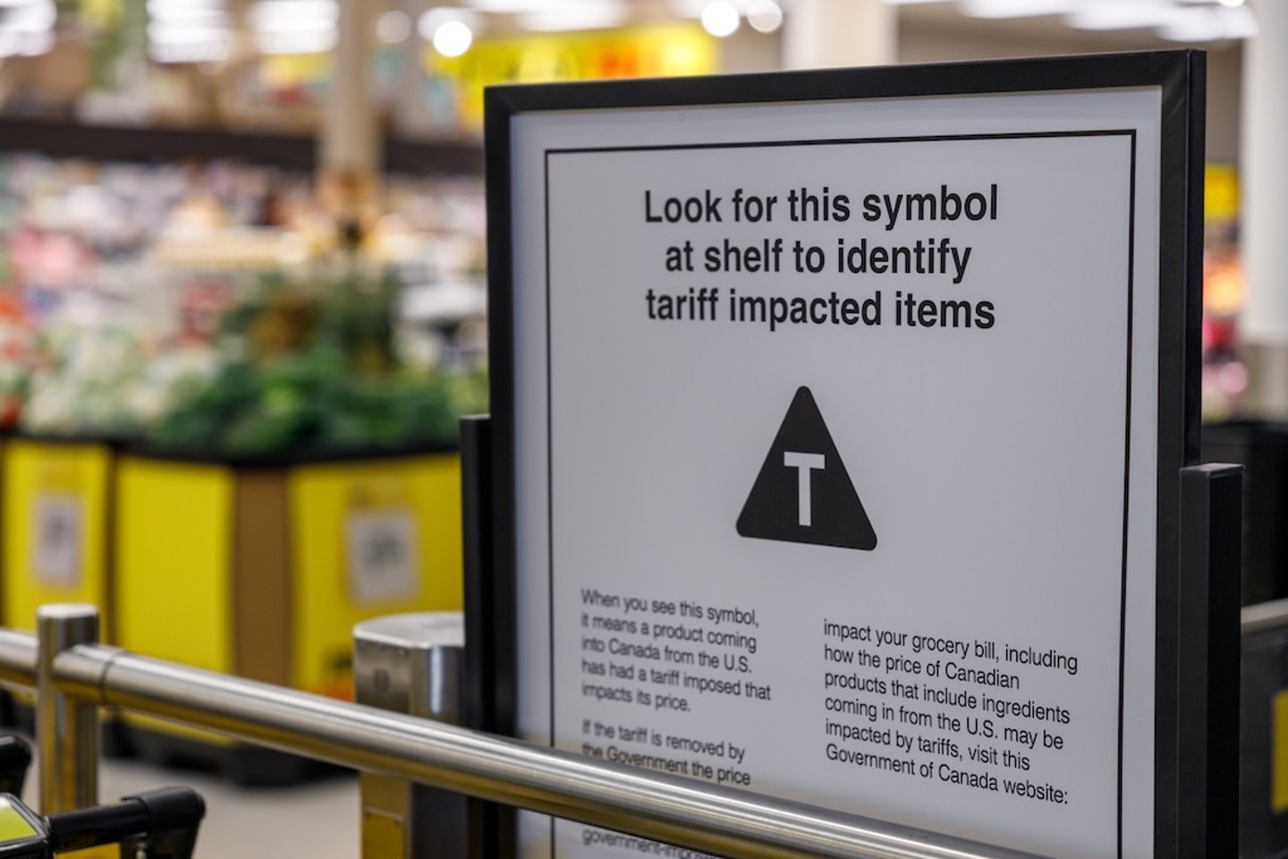 Tariff signage in a grocery store in Vancouver