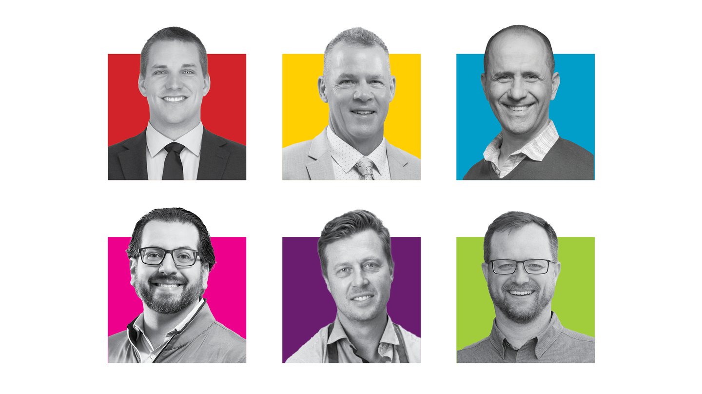 A collage of headshot of leadership from Goodness Me! Natural Food Market, Pattison Food Group, Nature’s Emporium, Vince’s Market, Summerhill Market and Mike Dean Local Grocer