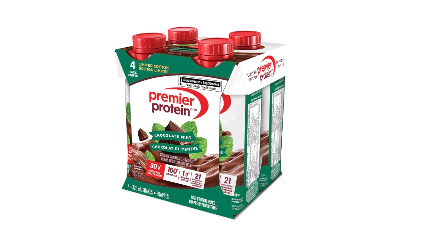 A pack of Premier Protein Limited-Edition Chocolate Mint