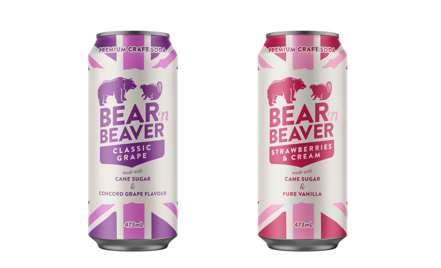 Cans of Bear ‘n Beaver Strawberries & Cream, Classic Grape Sodas
