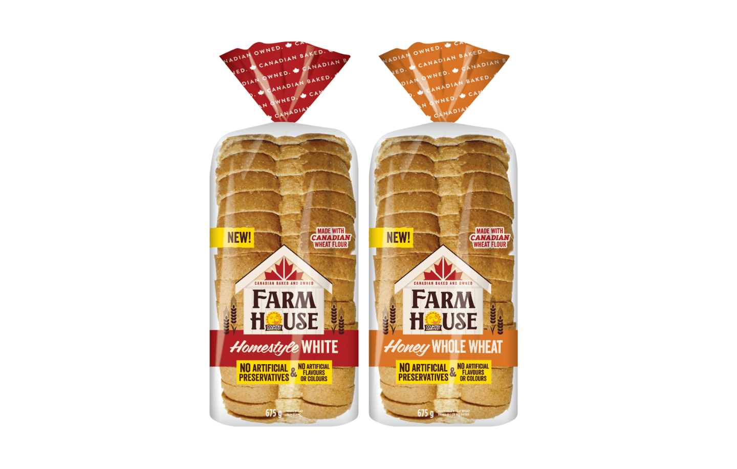 Two packaged loaves of FARMHOUSE BY COUNTRY HARVEST sliced bread