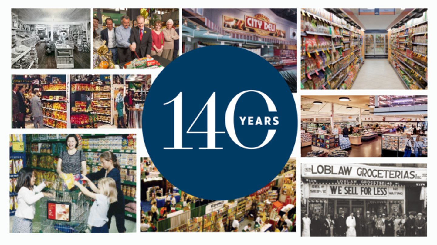 Collage of grocery stores and industry events from over Canadian Grocer's 140 years