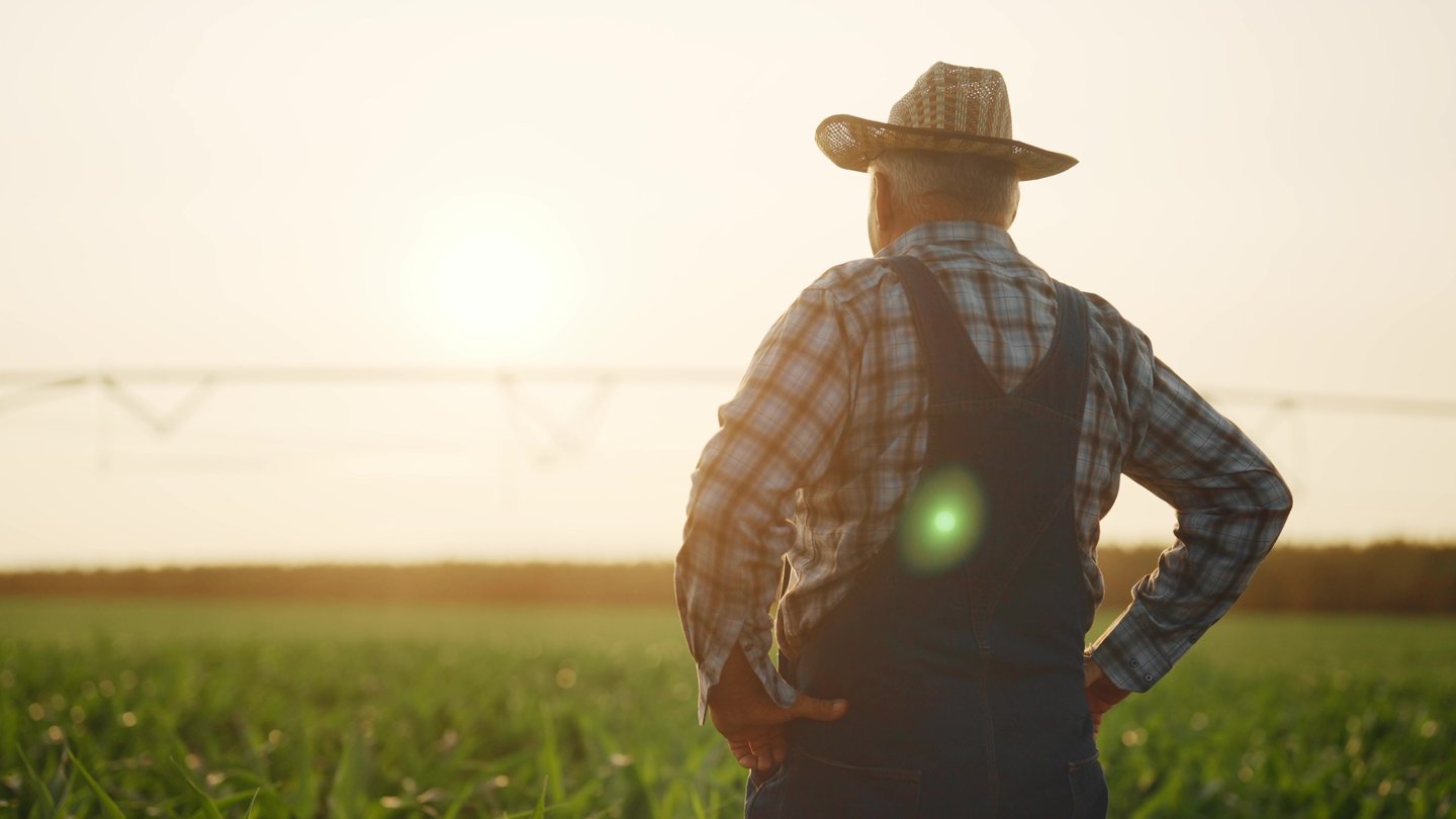 Farmer in overalls and hat stands in a field 