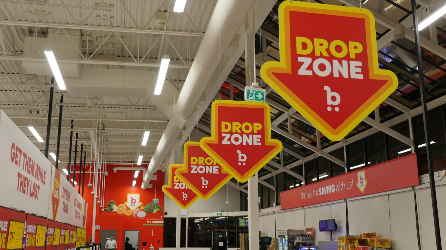 The Drop Zone discount aisle at Buy-Low Foods Pinetree location