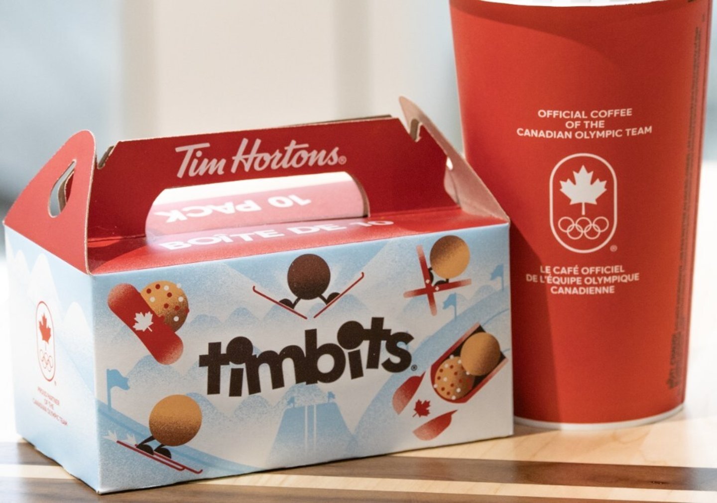 Tim Hortons Team Canada promotional hot beverage cup and Timbit box
