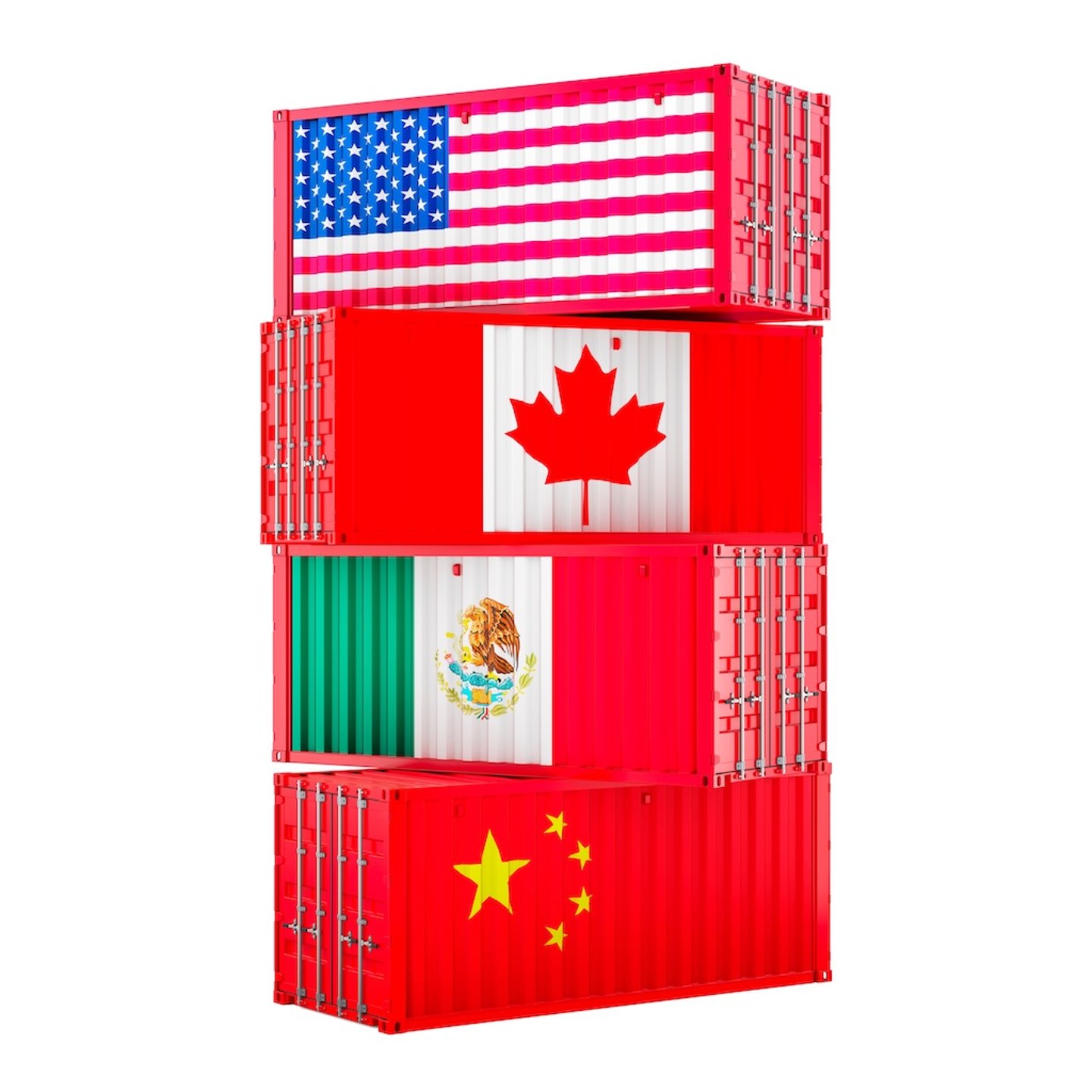US, Canada, Mexico and China flags displayed on freight containers