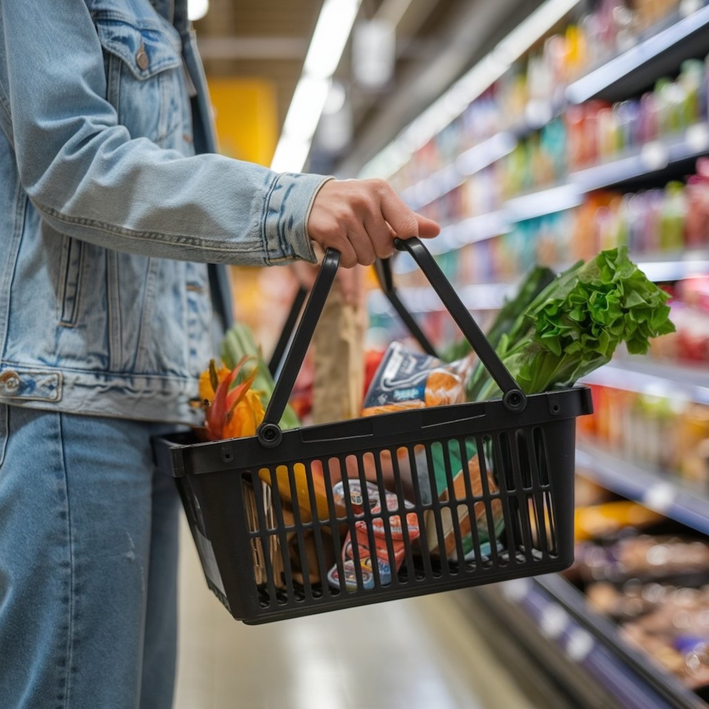 holiday shopping women standing in an aisle with a grocery basket