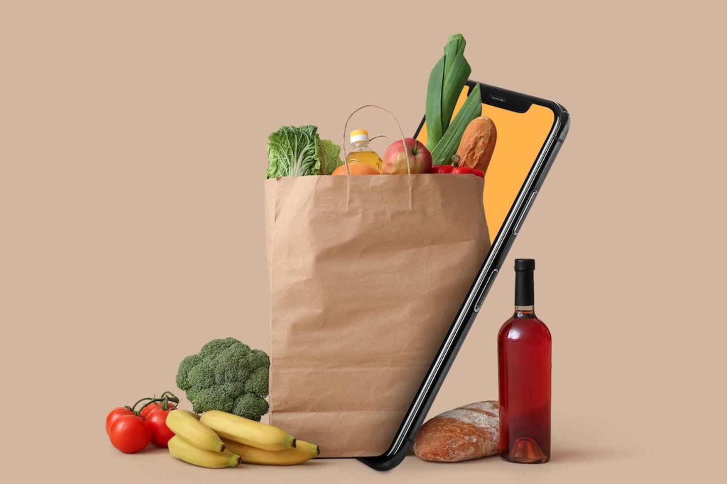 paper bag of groceries come out of a phone
