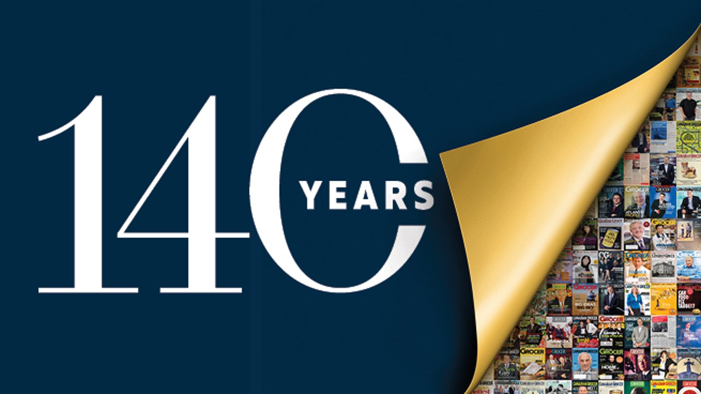 Canadian Grocer's February 2026 140th anniversary cover with archived covers