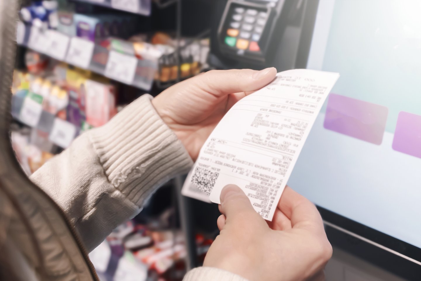 In a grocery store, a woman examines her receipt at a self-service checkout. She focuses on managing her family budget and tracking shopping expenses efficiently