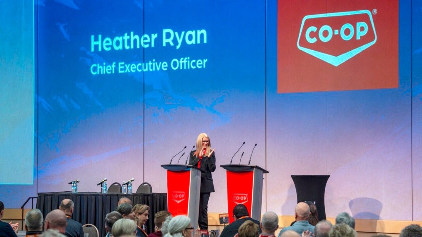 Heather Ryan addressing a crowd at the company's annual general meeting
