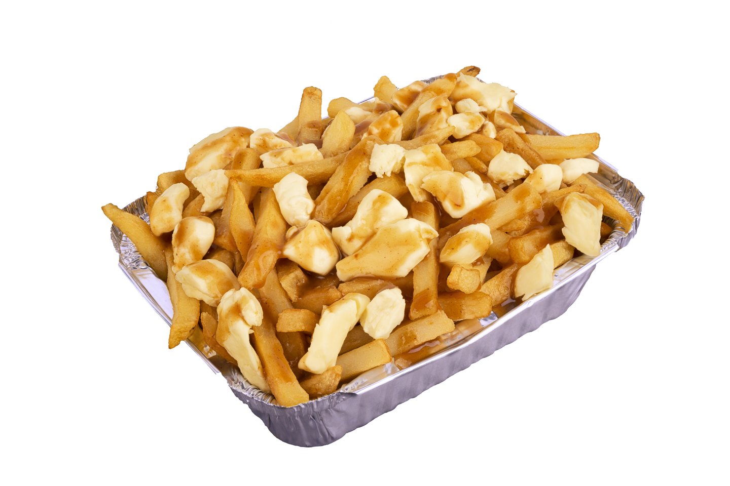 Poutine in a takeout container. Cooked with french fries, beef gravy and curd cheese. Canadian cuisine. Isolated on white background and cut out.