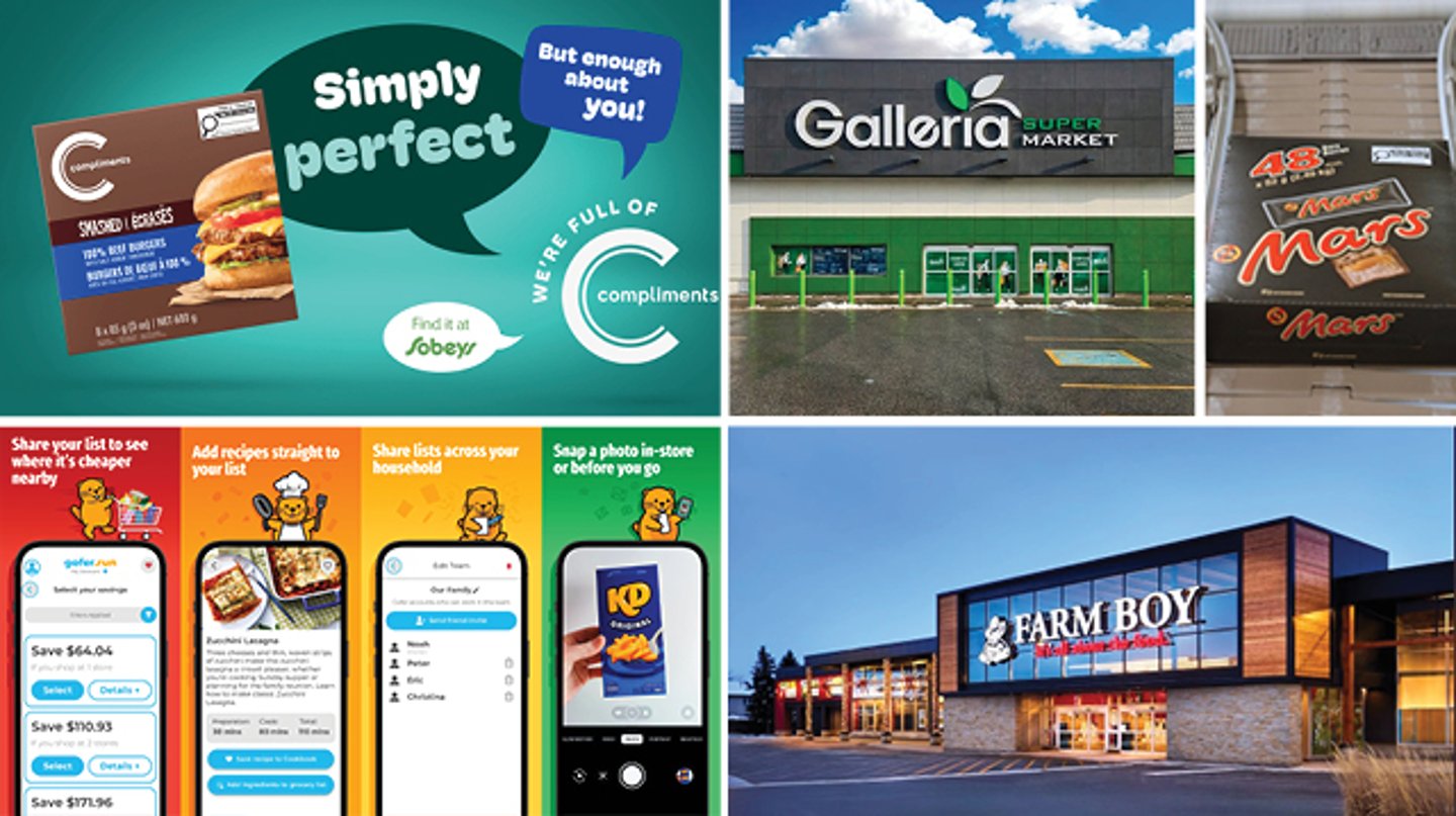 a collage of Sobeys compliments products, galleria supermarket, farm boy