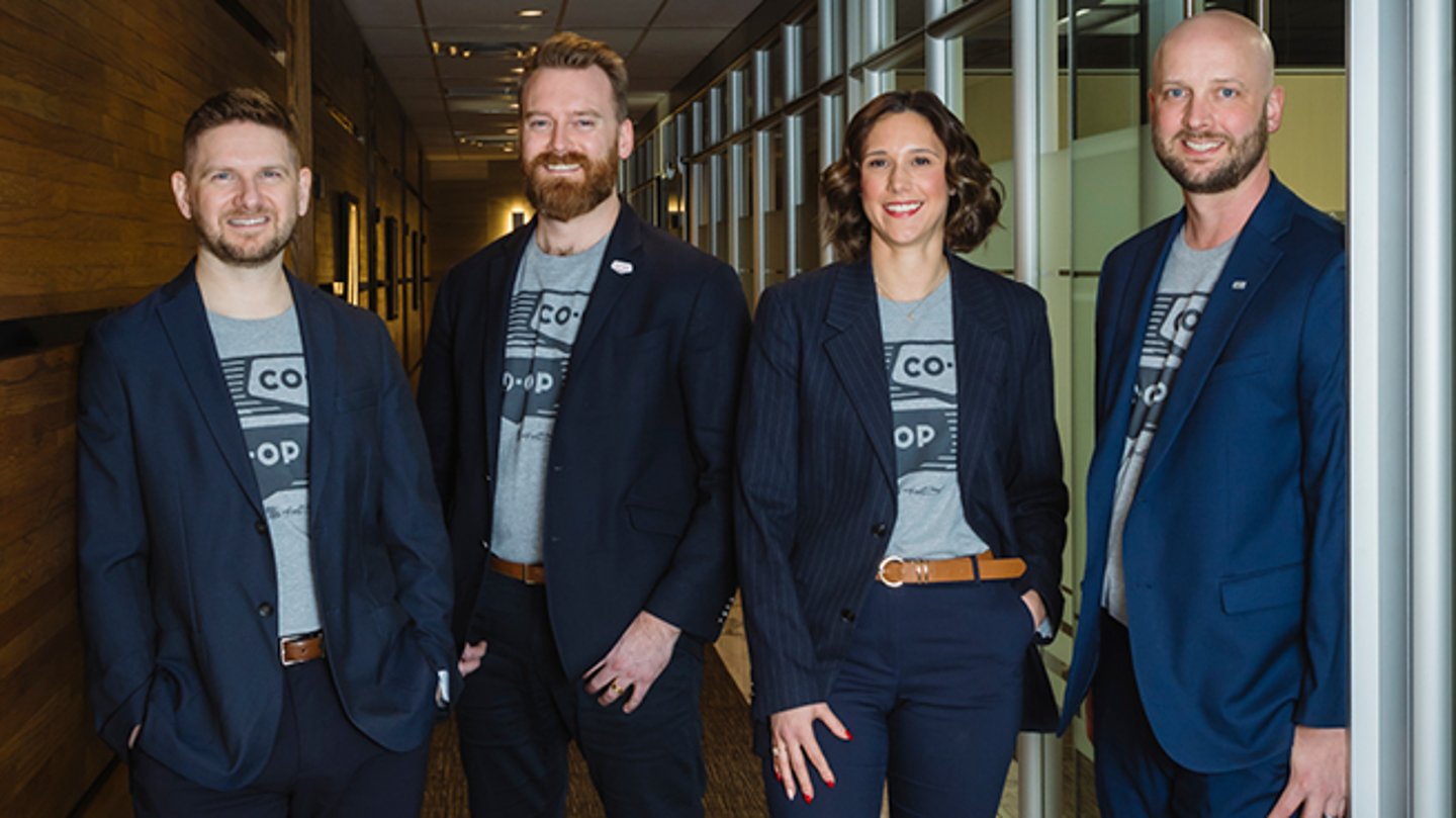 From left: FCL's Erik Jansen, Braedon Worobetz, Nena Pidskalny, Bryce Kuemper. Photography by Carey Shaw 