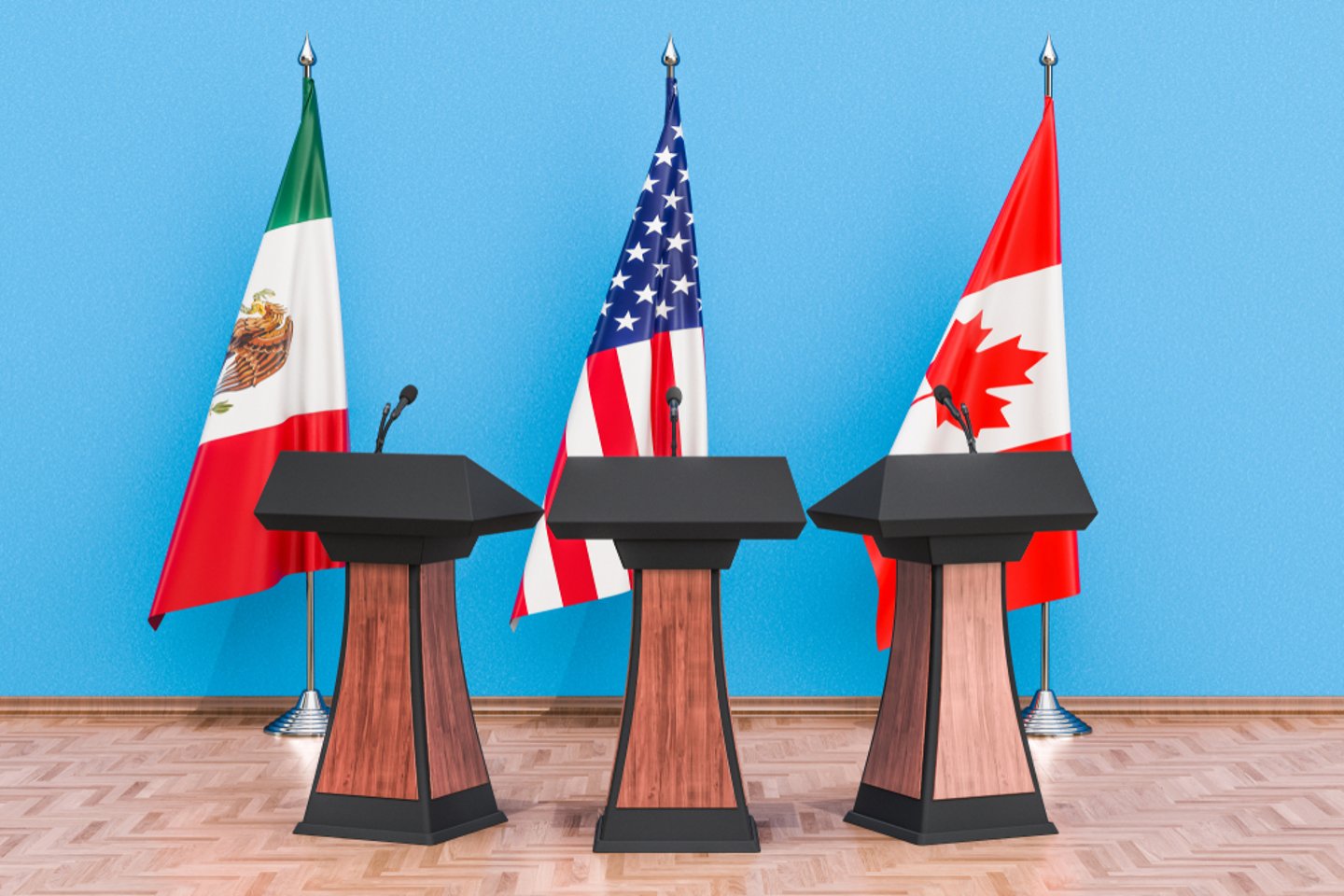 Mexican, U.S. and Canadian flags behind podiums
