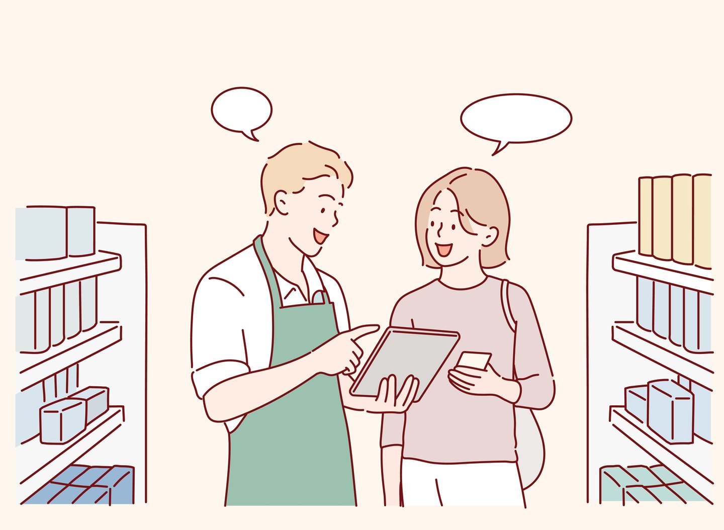 A woman receiving help from a store clerk. Hand drawn style vector design illustrations