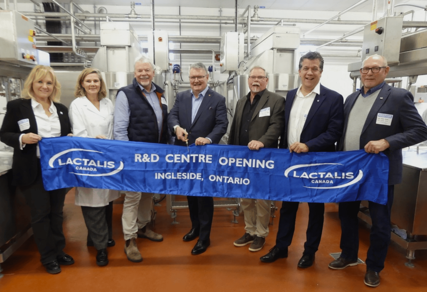Lactalis Canada executives and government and industry representatives celebrate the opening of the company's new Research & Development Centre in Ingleside, Ont.