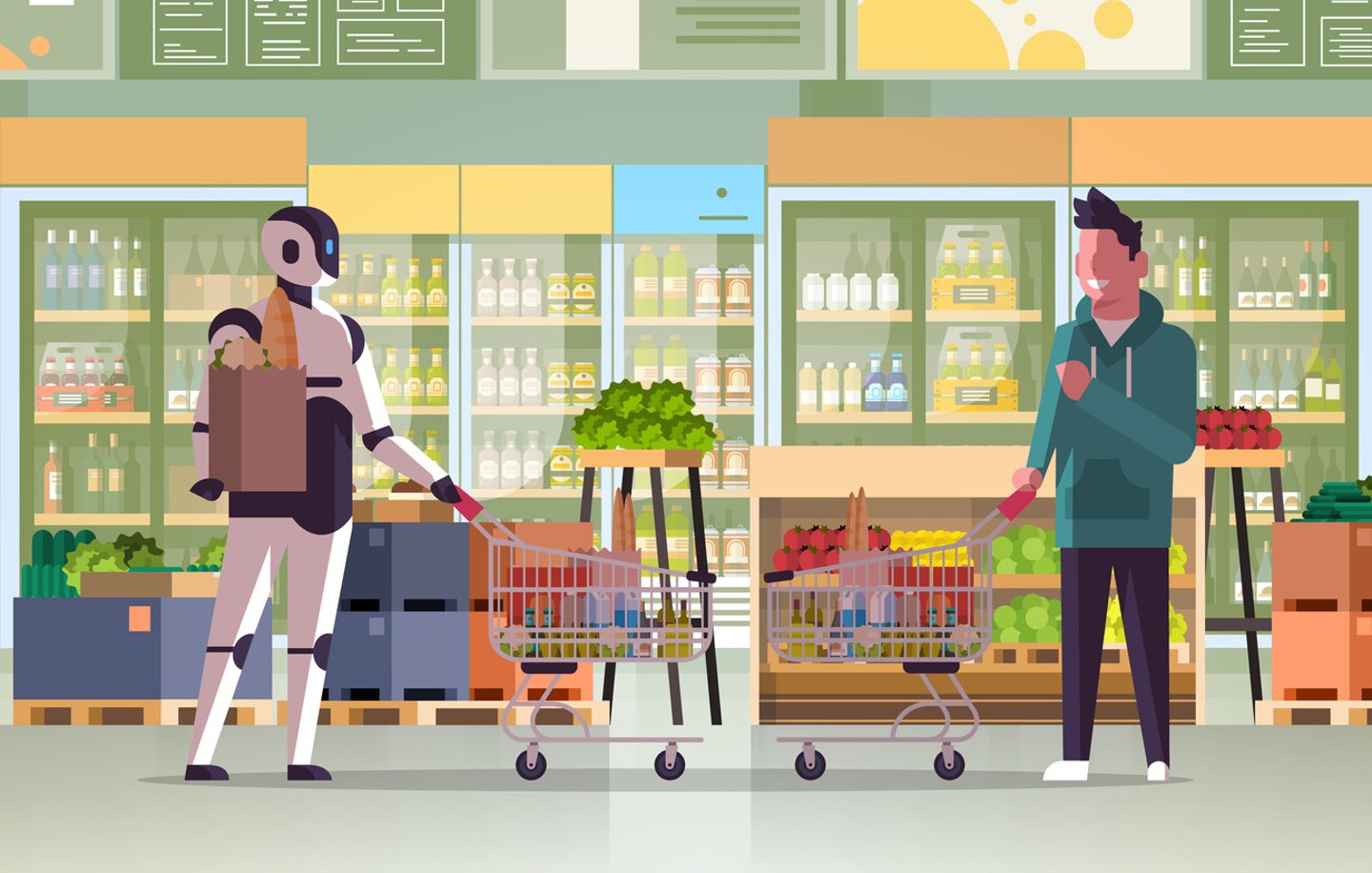 robot and human pushing trolley carts full of groceries robotic character vs man standing together in grocery shop artificial intelligence technology shopping concept flat full length horizontal; Shutterstock ID 1626672616