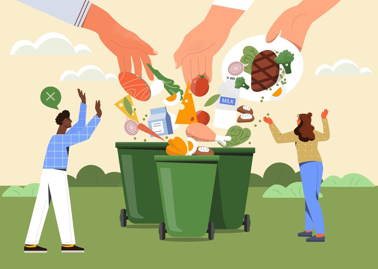 Food waste. Big hands throw leftovers of dishes into trash. Get rid of expired products. Excessive consumption. Taking care of environment. Cartoon flat vector illustration isolated on pink background; Shutterstock ID 2053409072