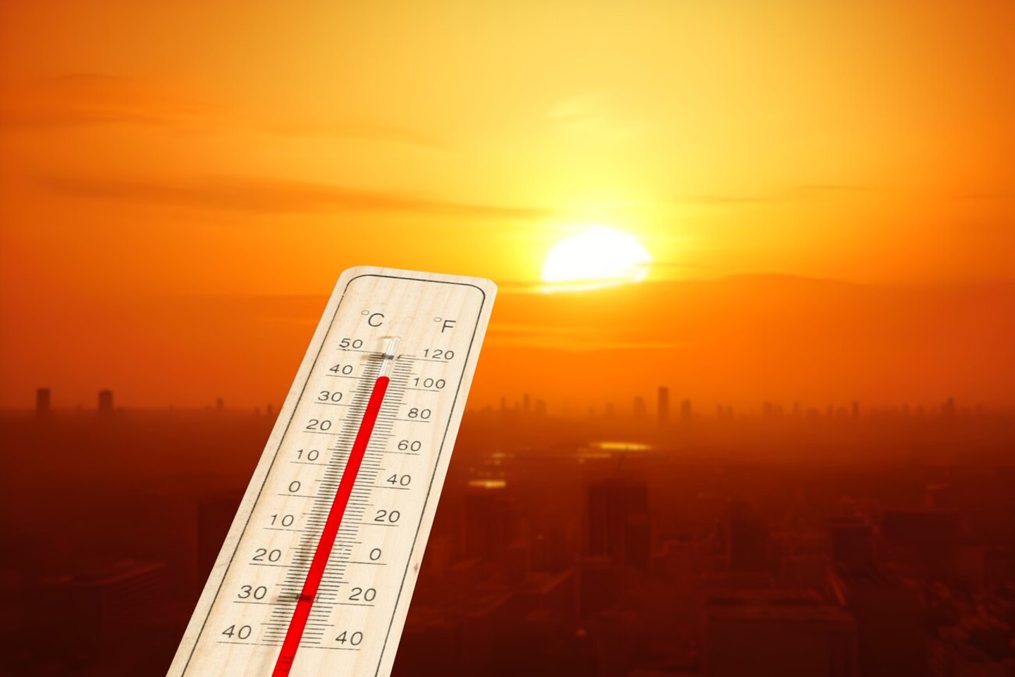 A thermometer and heat wave in a big city; Shutterstock ID 2316040845