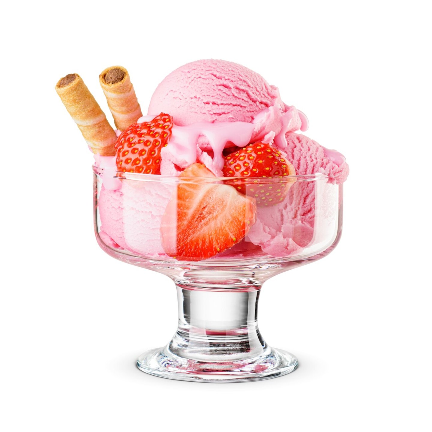 Strawberry pink ice cream scoops served on a glass dessert bowl isolated on white background.; Shutterstock ID 2322743967
