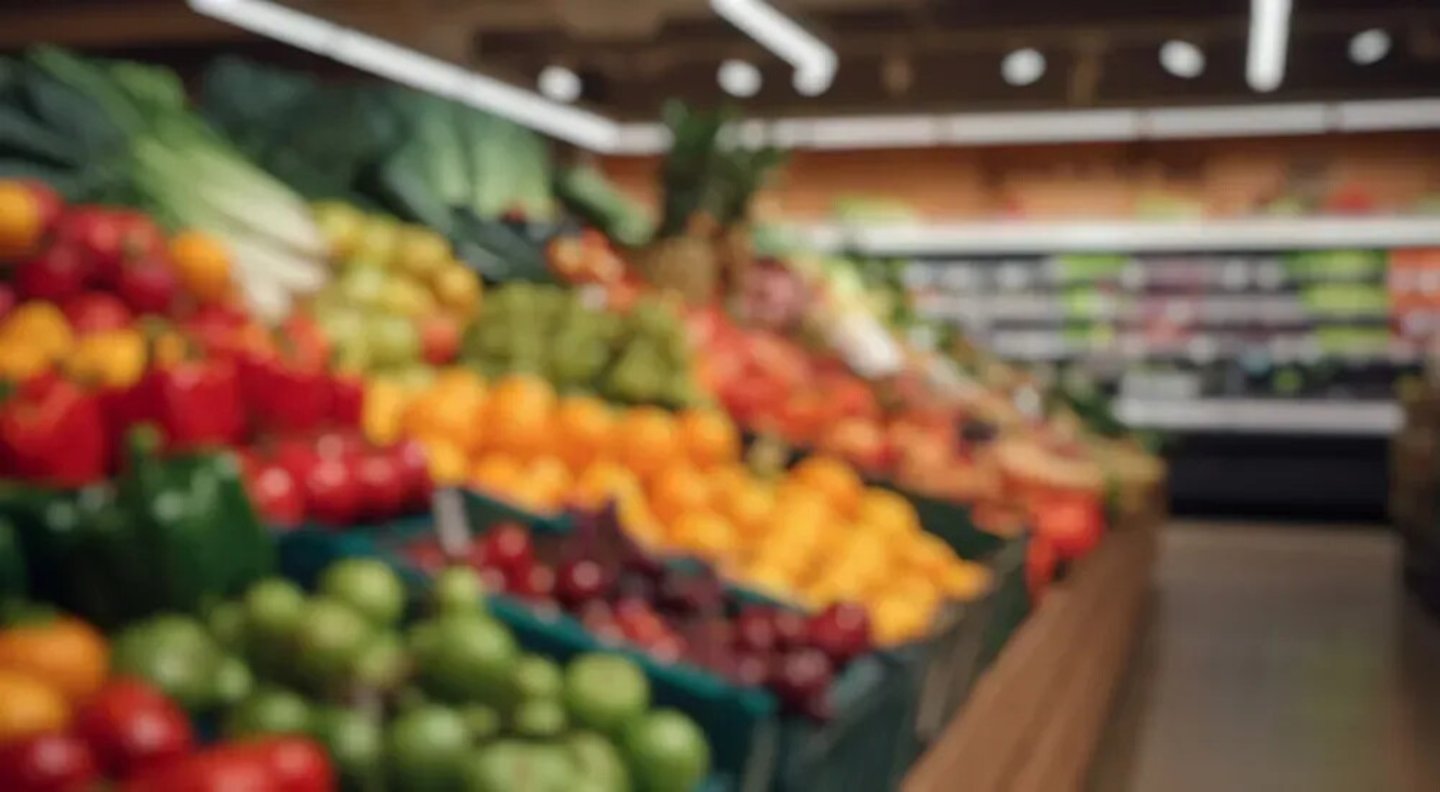 Blurred background of a stunning arrangement of fresh fruits and vegetables in a modern grocery store, showcasing a colorful array of healthy produce, ideal for promoting nutrition and wellness.; Shutterstock ID 2716670283