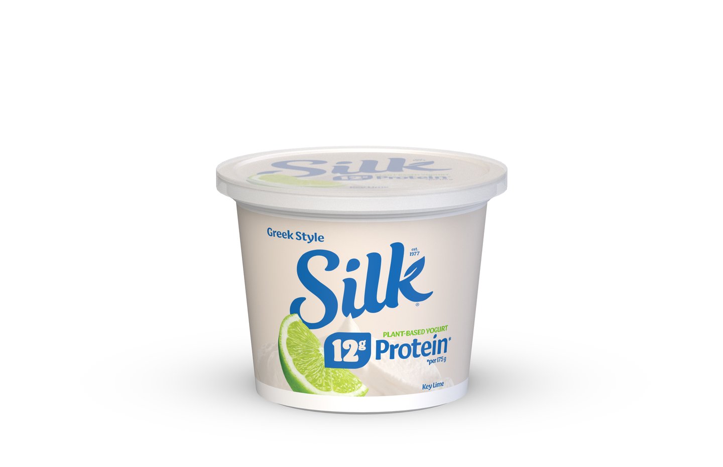 A tub of Silk Greek-style plant-based yogurt in lime