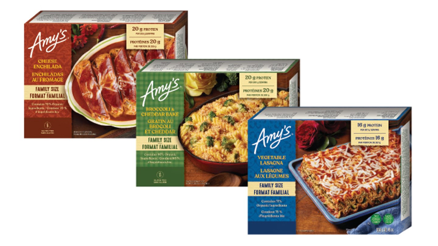 Three boxes of Amy’s Kitchen Family Size Entrees