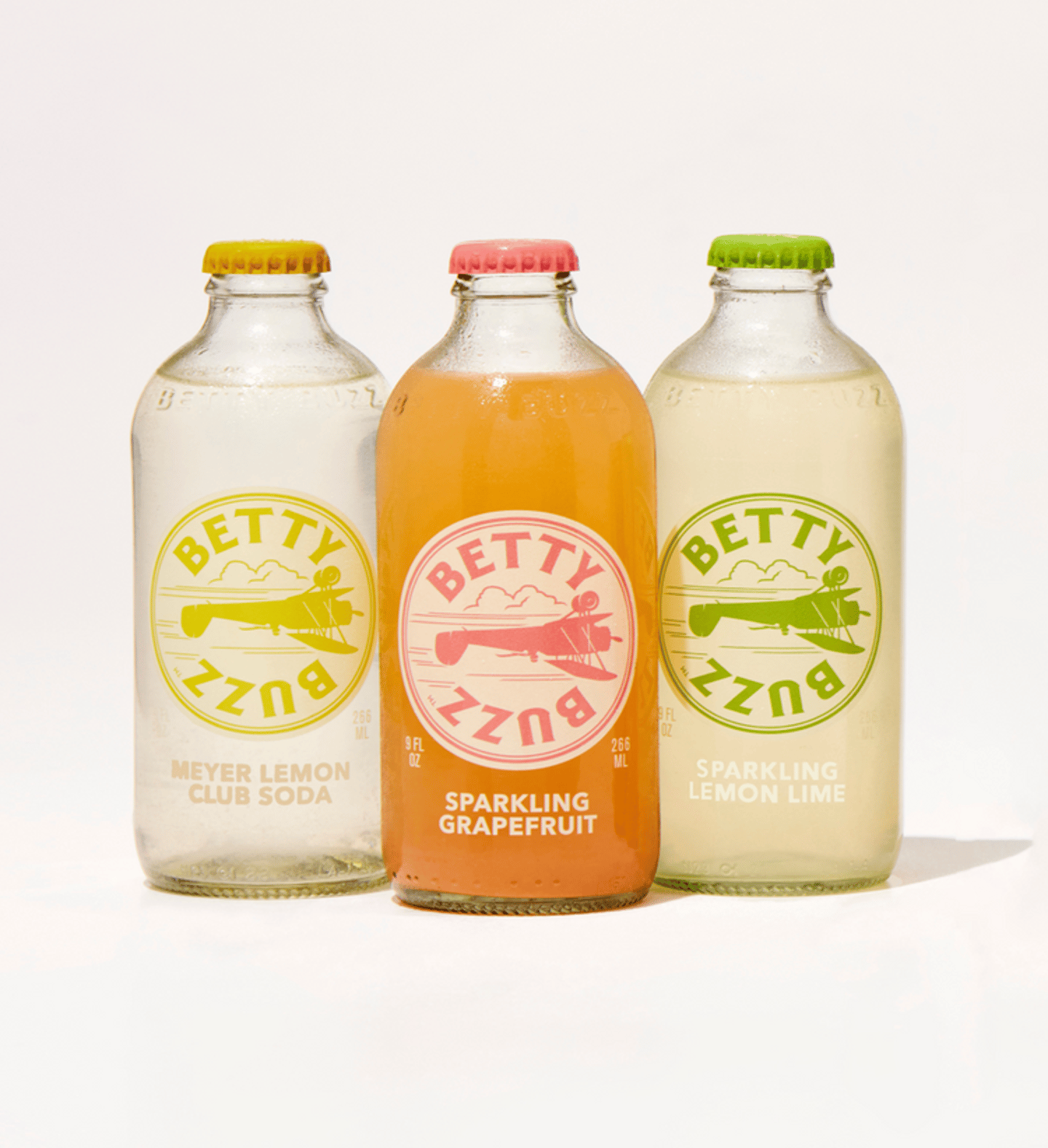 Bottles of Betty Buzz sparkling premium soda