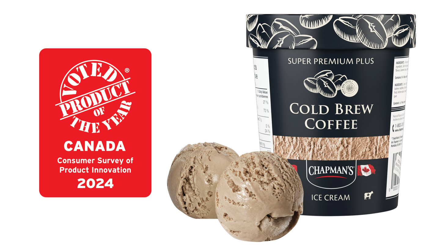 Product of the Year logo next to a tub and two scoops of Chapman's Cold Brew Ice Cream