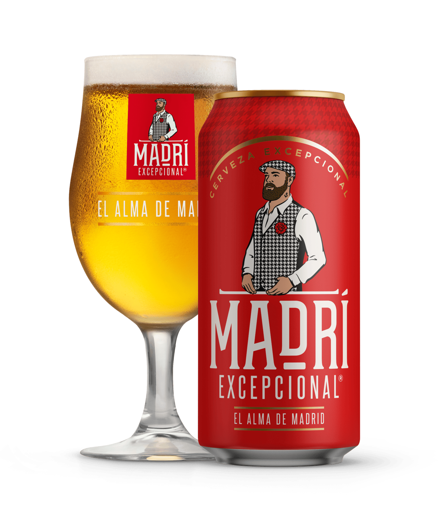 A can of Madrí Excepcional Lager sitting next to a glass of lager