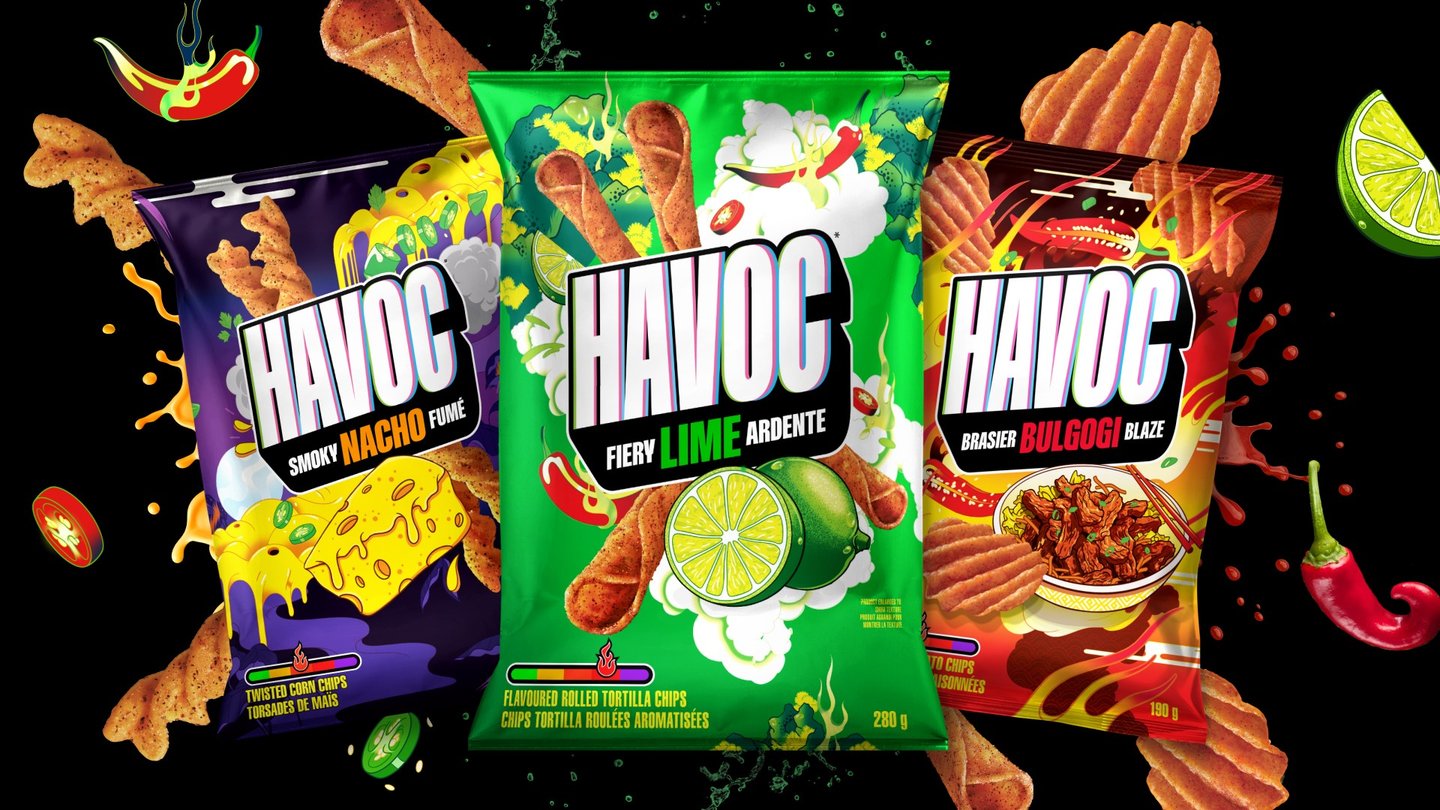 Bags of HAVOC chips against a black background