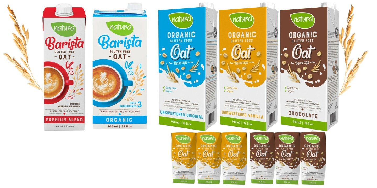 Cartons of Natura Organic and Gluten-Free Oat Beverages