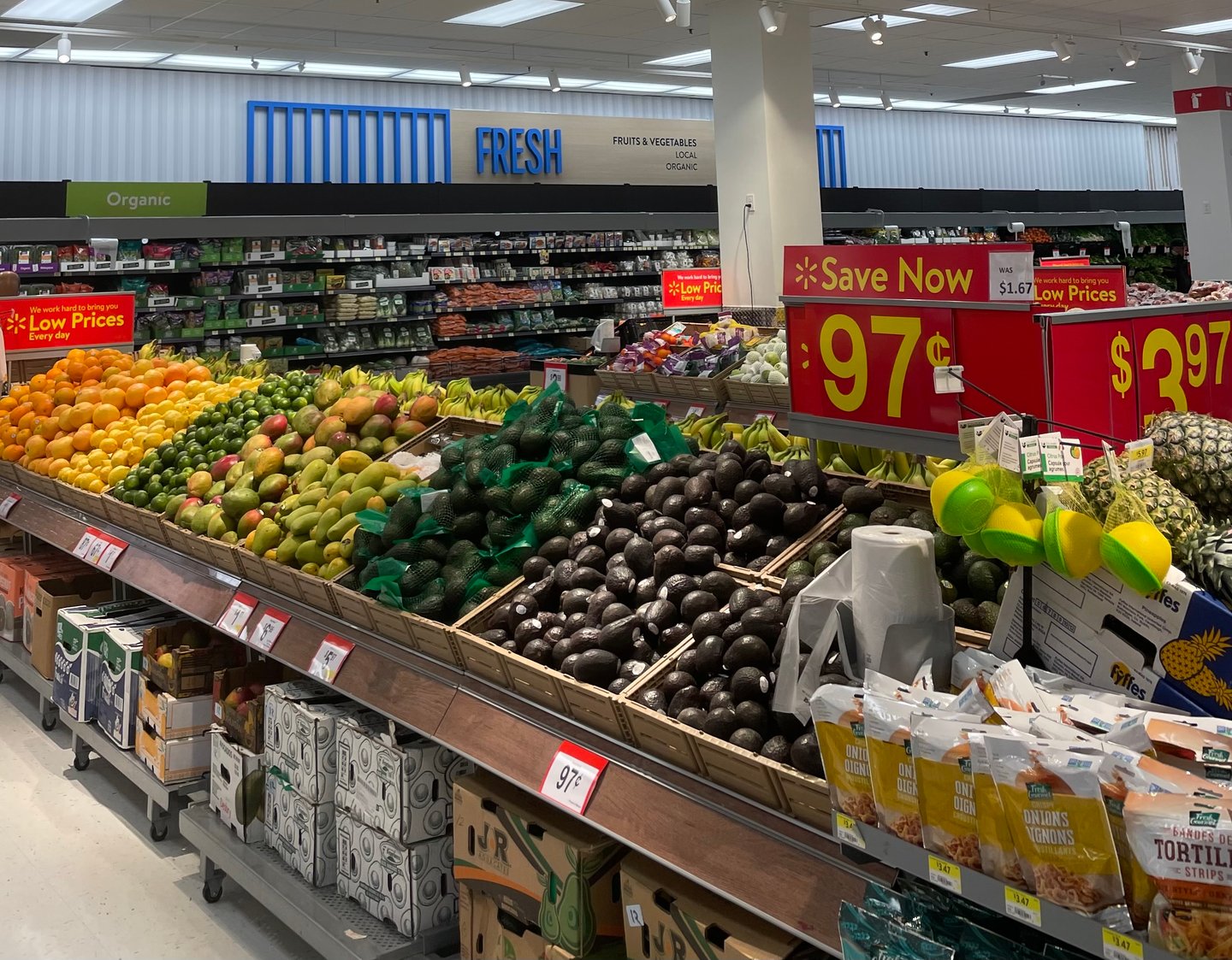 Walmart's fresh produce section with fruit and vegetables on display