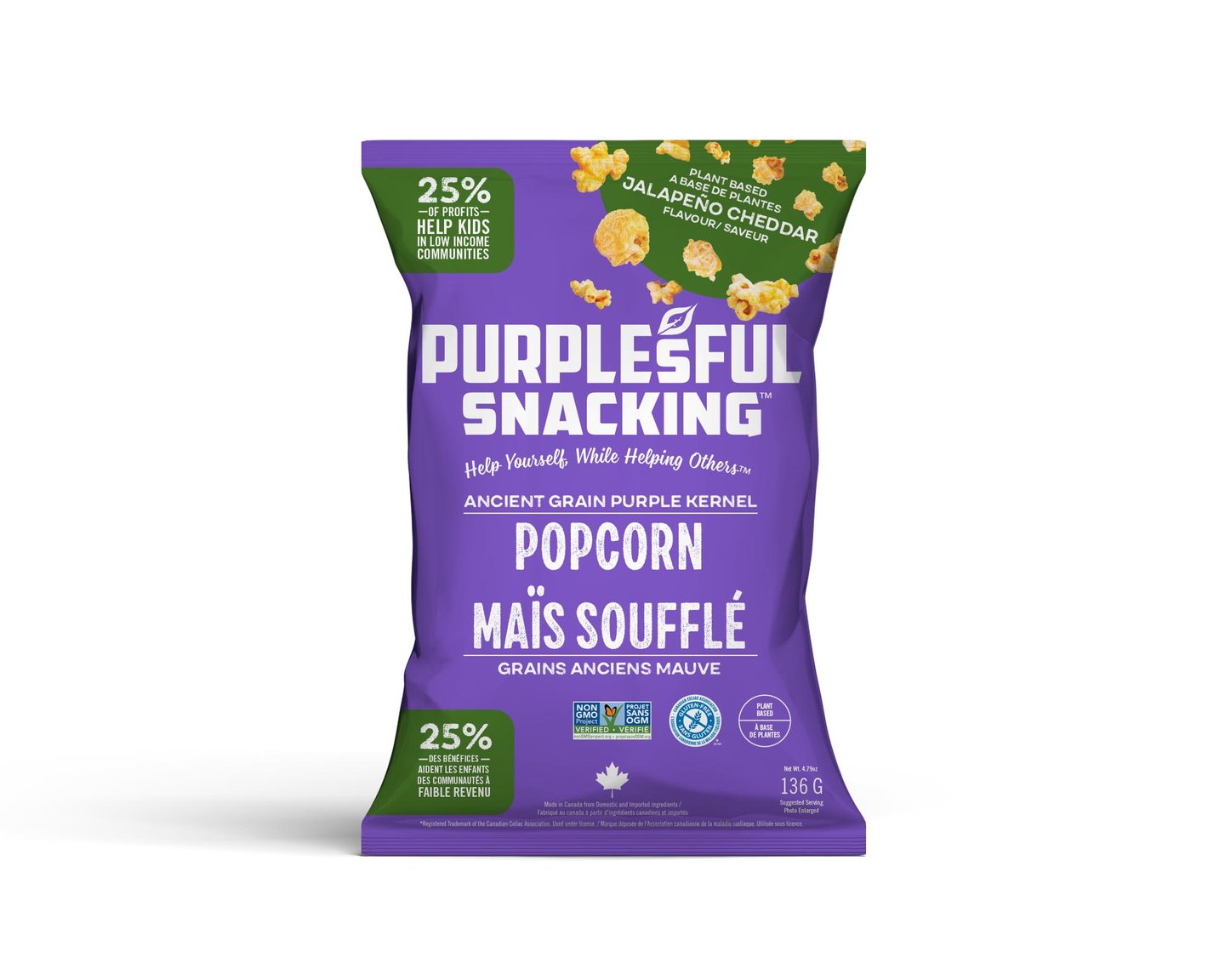 a bag of Plant-based Jalapeño Cheddar Purplesful Popcorn