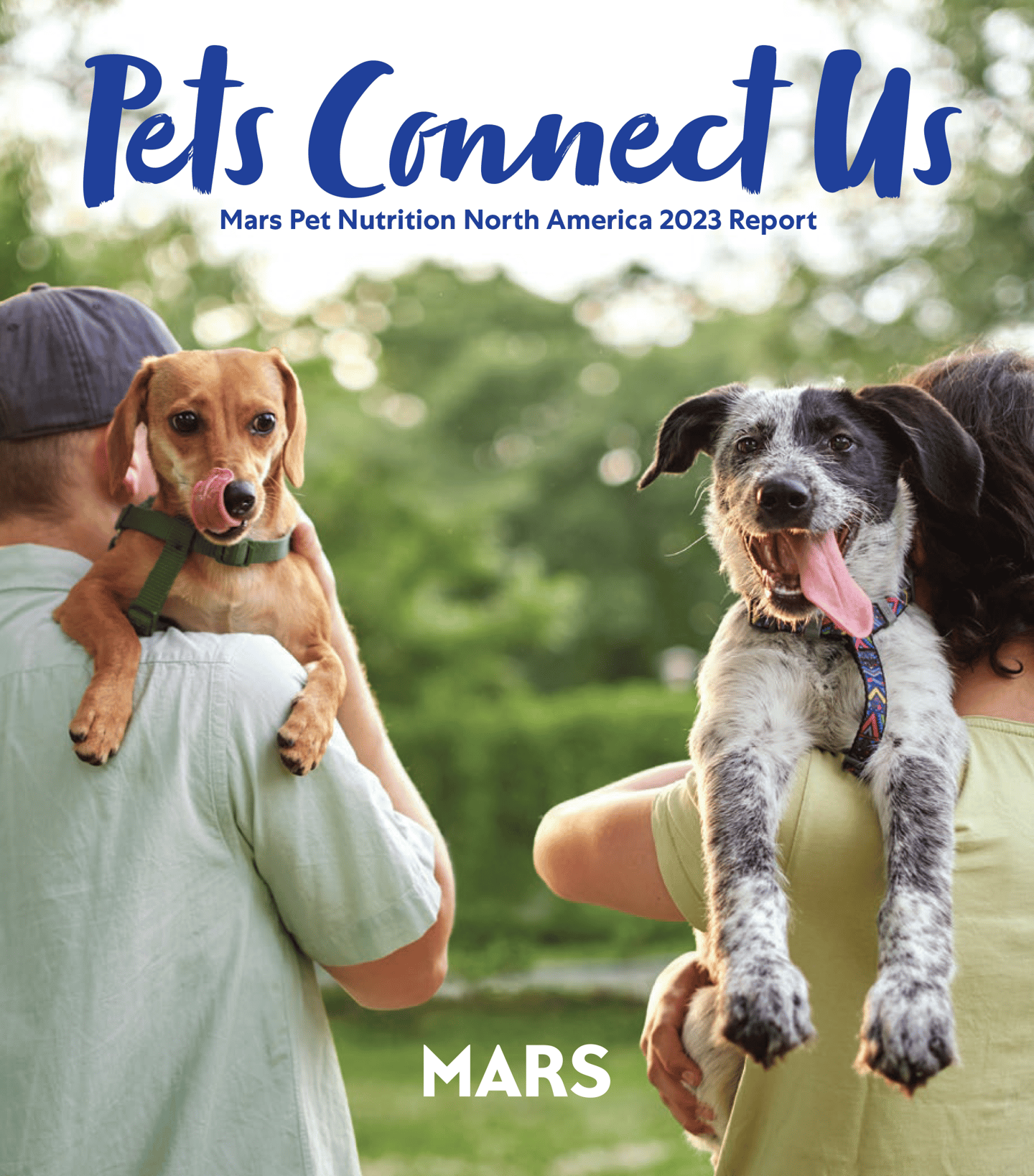  Cover of Mars' Pets Connect Us report with two humans and two dogs