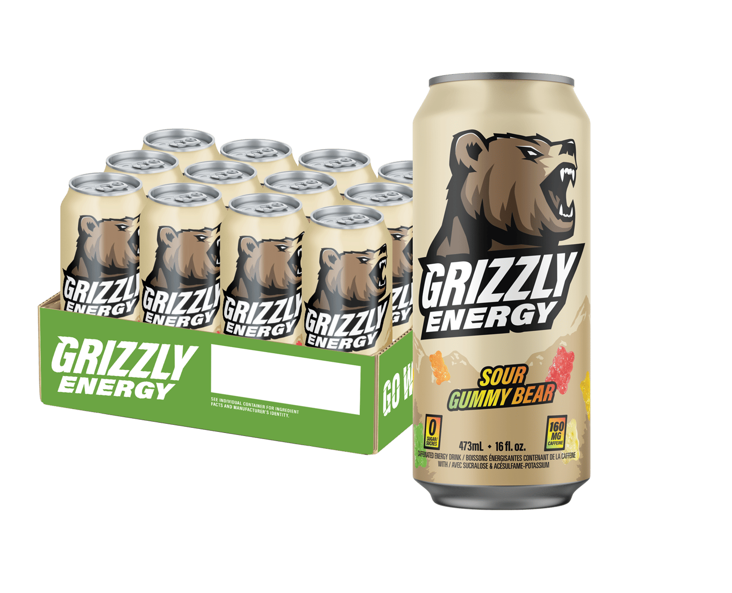 A case of Grizzly Energy Sour Gummy Bear with a single can beside it