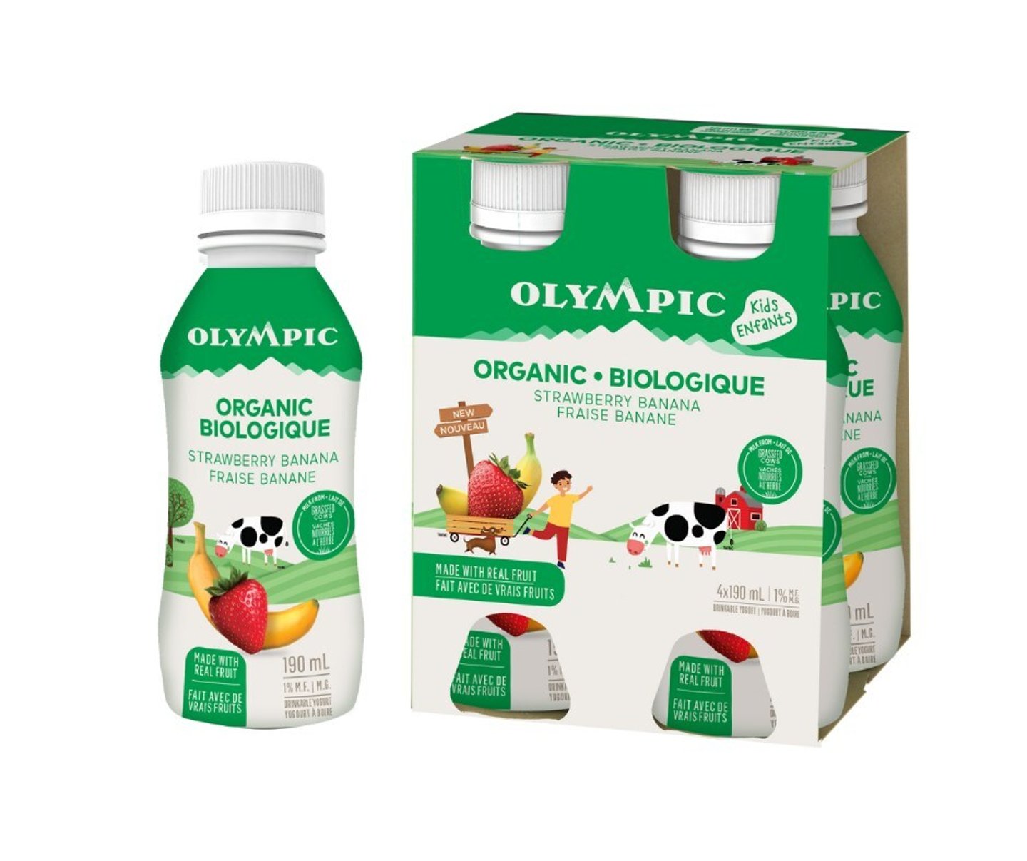 Bottles of OLYMPIC Organic Kids' Drinkable Yogourt
