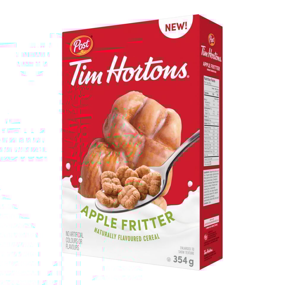 Post Tim Hortons Apple Fritter Flavoured Cereal box