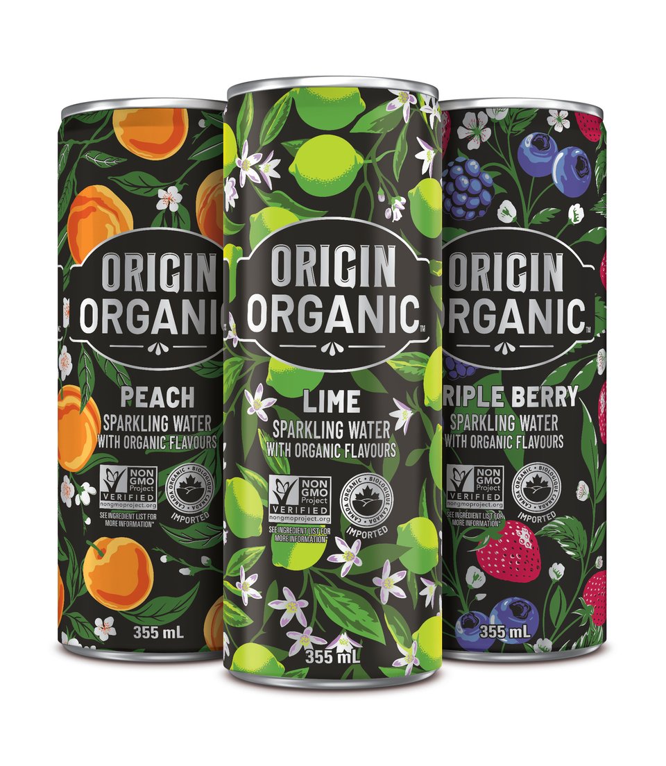 Three cans of Origin Organic sparkling water