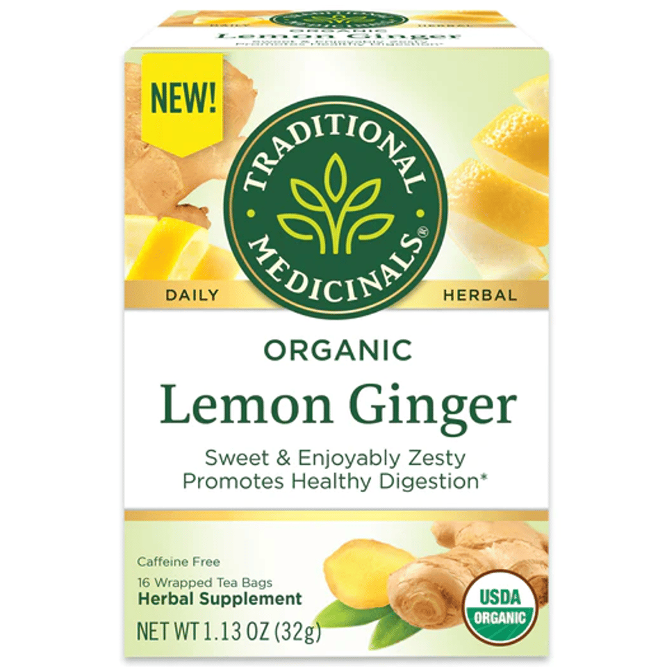 A box of Traditional Medicinals Organic Lemon Ginger Tea