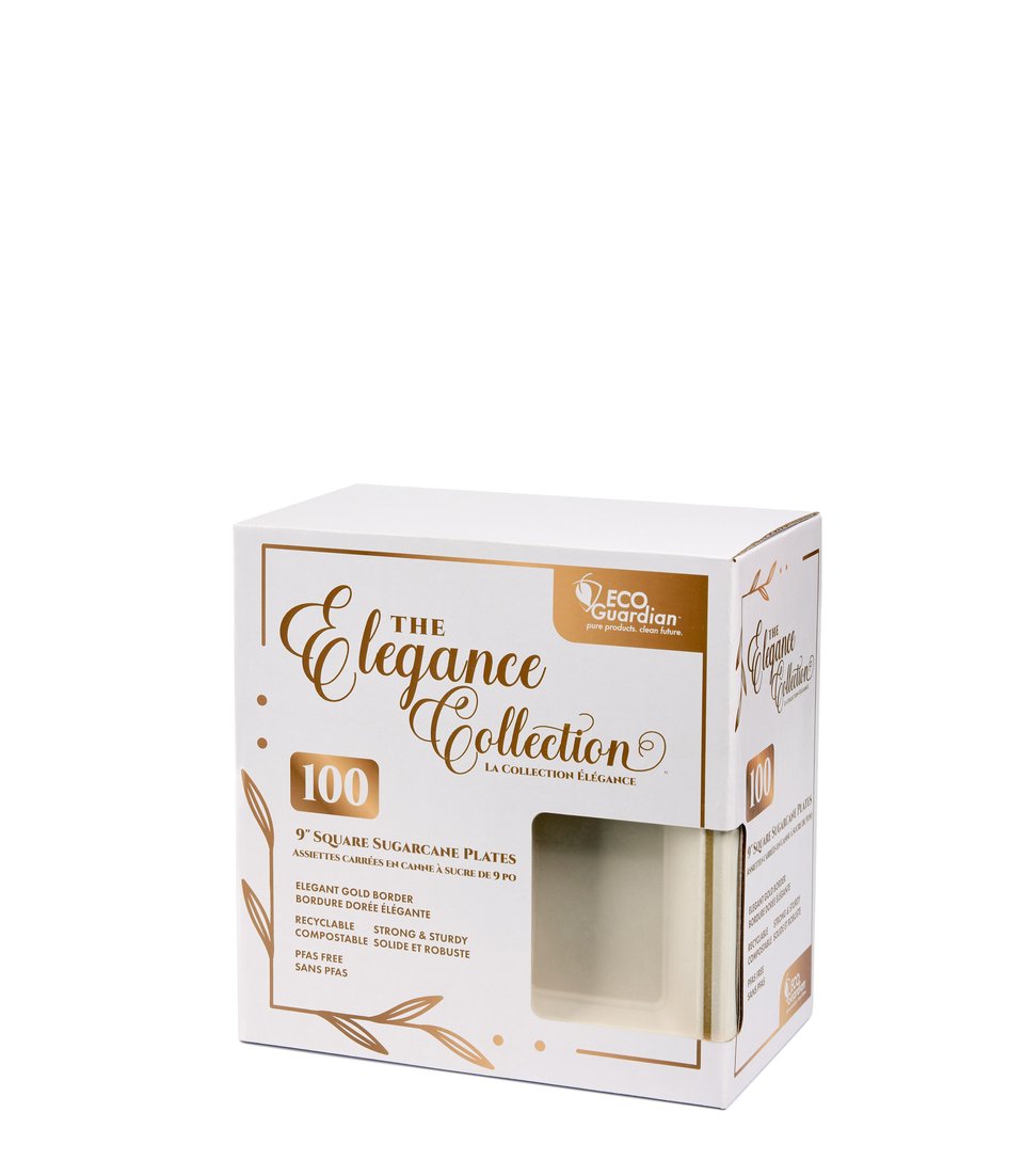 A box of Eco Guardian Elegance Collection compostable, gold-rimmed plates