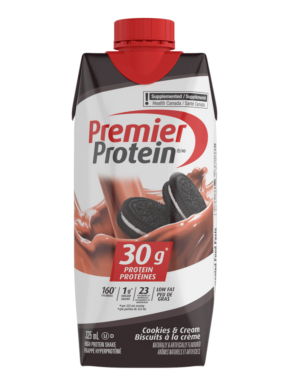 A tetra pack of Premier Protein Cookies & Cream high-protein shake