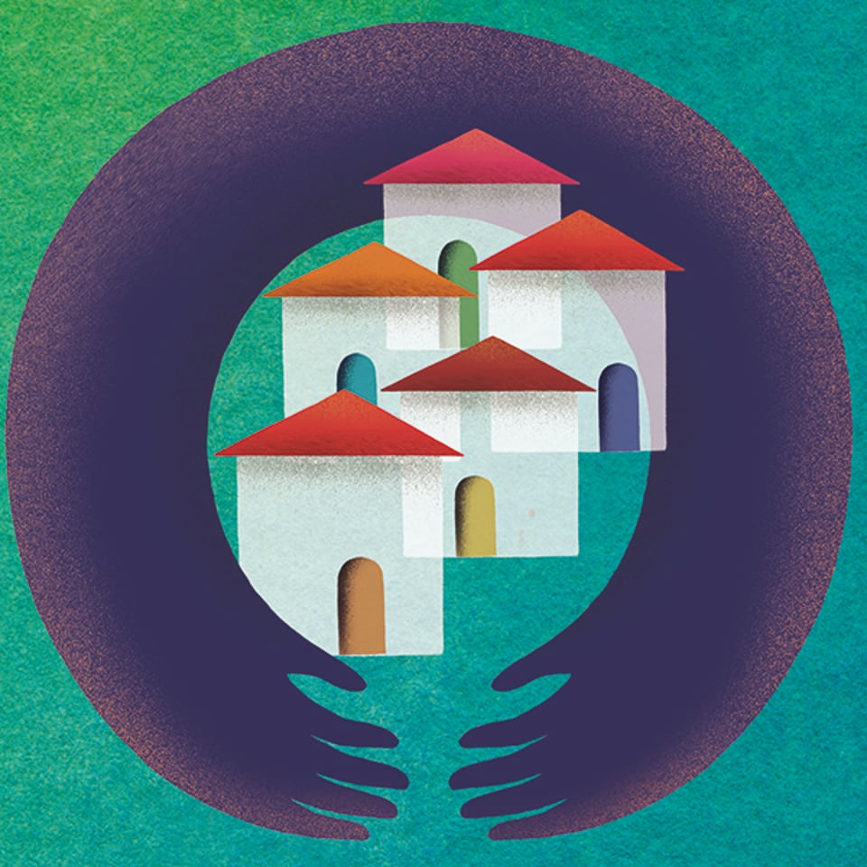 illustration of arms wrapped around five houses